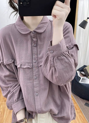 Women's Pure Cotton Loose Fit Ruffle Collar Long-Sleeve Spring Summer Shirt