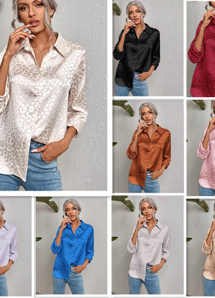 Chic Leopard Print Jacquard Long Sleeve Button-Up Shirt Women's European Style