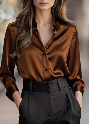 Chic Women's Long-Sleeve Button-Down Polyester Blouse for Business & Leisure
