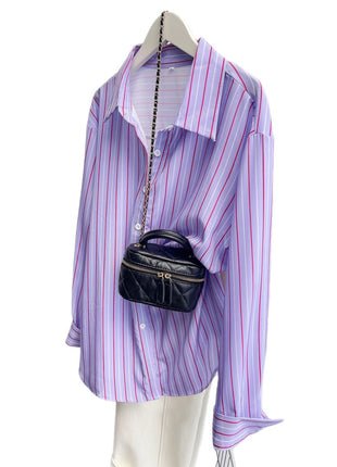 Chic European City Style Striped Oversized Long-Sleeve Casual Polyester Shirt