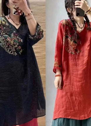 Embroidered Chinese Style Cotton Linen Plus Size Mid-Length Loose Fit Summer Dress