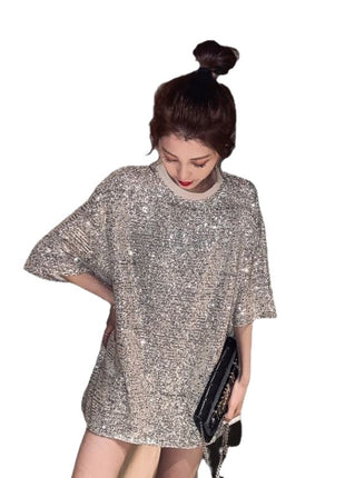 Sparkling Sequin Loose Fit Short Sleeve T-Shirt Dress for Effortless Style