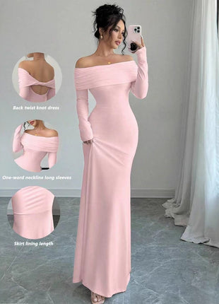 Elegant Off-Shoulder Long Sleeve Bodycon Dress - Slim Fit Hip-Accented Autumn Wear