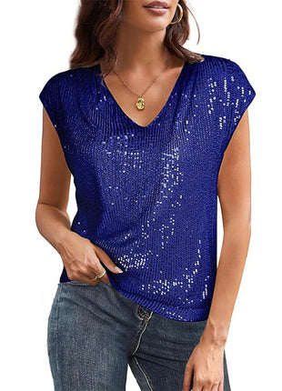 Women's Glamorous V-Neck Sequin Short Sleeve Top - Shiny Party Blouse
