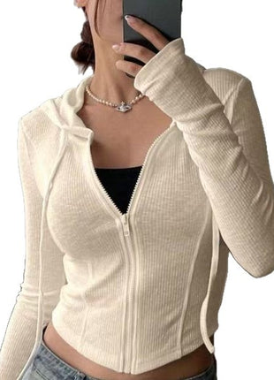 Demi-season Knitted Full-Zip Hoodie Cardigan, Slim Fit European Style for Women