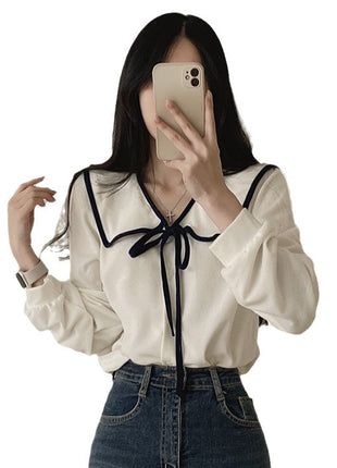 Chic French Korean Style Bow-Tie Loose Long Sleeve Shirt for Women