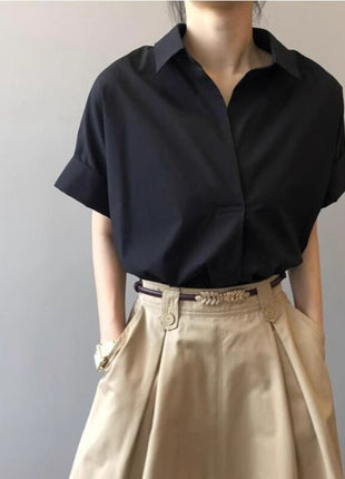 Chic Summer V-Neck Short Sleeve Blouse Loose Fit Retro Style Women's Shirt