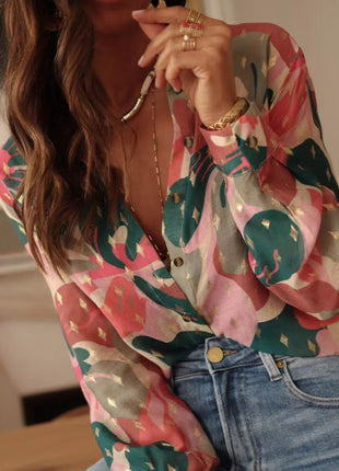 Stylish Women's Summer Printed Short Sleeve Lapel Casual Blouse Shirt