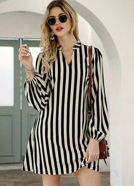 Stylish Striped High-Low Hem Long Sleeve Women's Casual Commuter Shirt Top