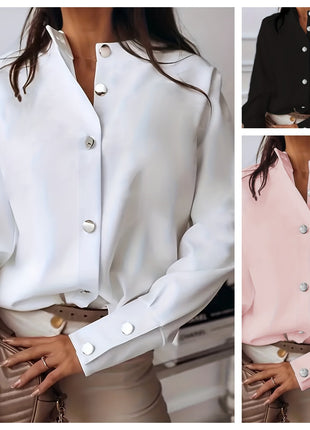Elegant Women's Solid Color Long-Sleeve Button-Up Shirt with Stand Collar