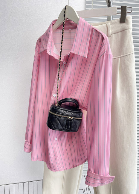Chic European City Style Striped Oversized Long-Sleeve Casual Polyester Shirt