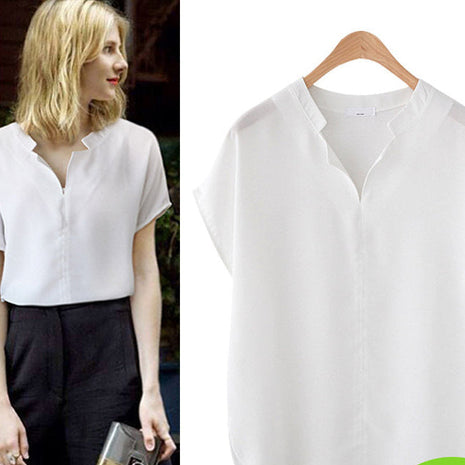 Chic Loose Fit Chiffon Short Sleeve T-Shirt Women's Stand-Up Collar Top