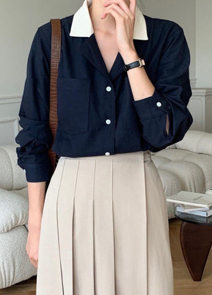 Chic French Retro Color Block Lapel Oversized Casual Women's Shirt Top