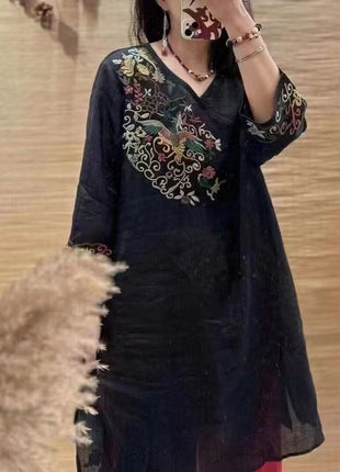 Embroidered Chinese Style Cotton Linen Plus Size Mid-Length Loose Fit Summer Dress