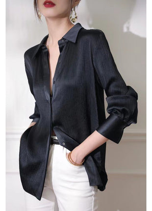 Elegant Women's Loose Fit Long-Sleeve Polyester Lapel Collar Single-Breasted Blouse