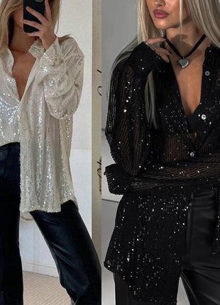 Elegant Sequin Long Sleeve Lapel Blouse Top for Women European Fashion