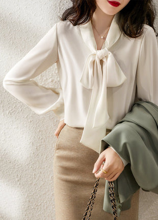 Elegant Korean Chic V-Neck Blouse with Ribbon Tie - Long Sleeve Solid Shirt