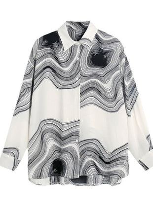 Chic Korean Loose Wave Pattern Long Sleeve Women's Autumn Blouse Top