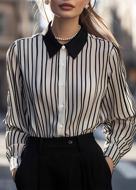 Chic Striped Long-Sleeve Polo Shirt Women's Early Autumn Versatile Commuter Top