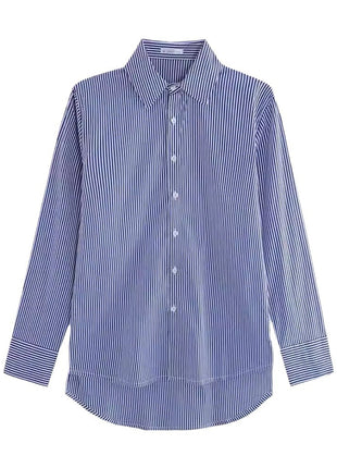 Chic Blue Striped Long-Sleeve Women's Polyester Office Commuter Shirt