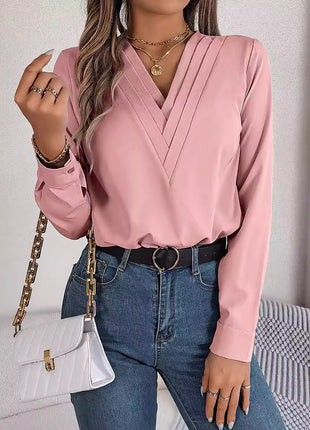 Elegant Women's V-Neck Long Sleeve Layered Blouse, Solid Color Stretch Polyester Shirt