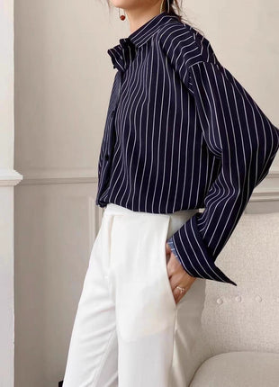 Chic Striped Loose Fit Women's Long Sleeve Polo Collar Autumn Shirt