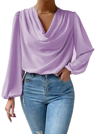 Elegant V-Neck Chiffon Blouse, Long Sleeve Loose Fit European Women's Top