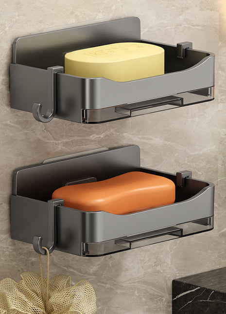 No-Drill Wall-Mounted Soap Dish with Drain Tray for Bathroom Storage