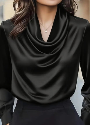 Fashionable Elegant Solid Drape Neck Long Sleeve Shirt for Women