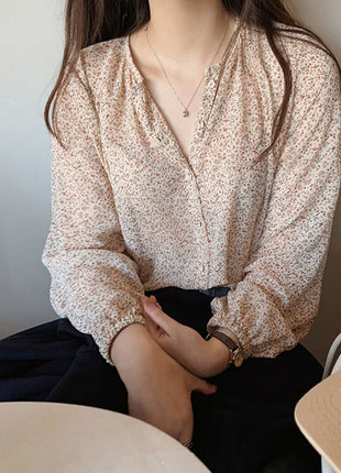 Fashionable Chiffon Autumn Retro Loose Fit Puff Sleeve Floral Women's Shirt Top