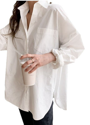 Chic Korean Style White Oversized Long Sleeve Polyester Polo Shirt for Women