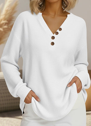 Women's Demi-Season Waffle Knit V-Neck Button Long-Sleeve Leisure Sweatshirt Top