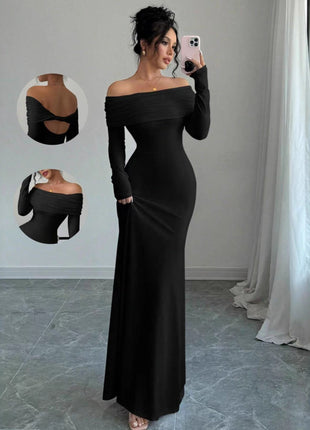 Elegant Off-Shoulder Long Sleeve Bodycon Dress - Slim Fit Hip-Accented Autumn Wear