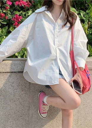 Chic Korean Style White Oversized Long-Sleeve Shirt for Modern Women