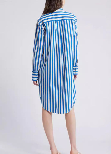 Chic Blue Striped Loose Fit Lapel Long Sleeve Cardigan Shirt Dress