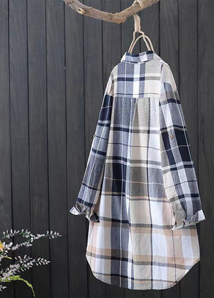 Women's Retro Plaid Long Sleeve Loose Cardigan Shirt with Pockets
