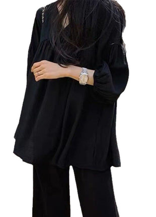 Chic Korean Style V-Neck Blouse: Loose Fit, Puff Sleeves, Polyester Comfort
