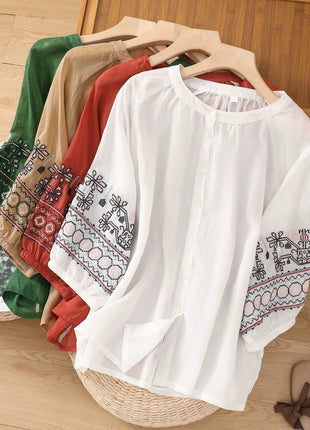Women's Retro Embroidered Cotton Linen Lantern Sleeve Summer Blouse Shirt Top