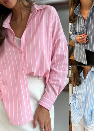 Women's European Style Striped Long Sleeve Cardigan Shirt Jacket