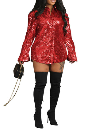 Dazzling Sequin Long-Sleeve Shirt for Women - European Style Button-Up Top