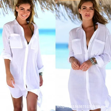 Women's Relaxed Fit Wrinkled Fabric Long Sleeve Beach Cover-Up Cardigan Shirt