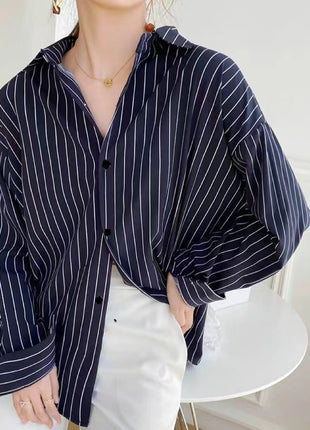 Chic Striped Loose Fit Women's Long Sleeve Polo Collar Autumn Shirt