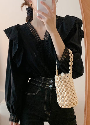 Elegant Korean-French Chic V-Neck Lace Puff Sleeve Loose Polyester Blouse Shirt