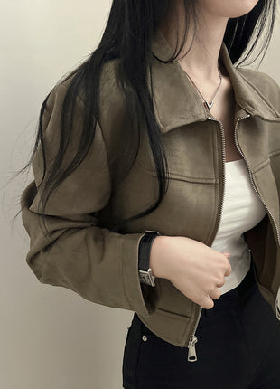 Chic Korean French Retro Velvet Zipper Jacket - Slim Fit Short Style