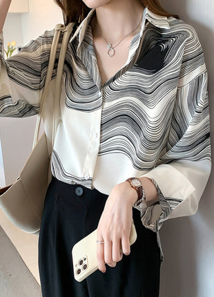 Chic Korean Loose Wave Pattern Long Sleeve Women's Autumn Blouse Top