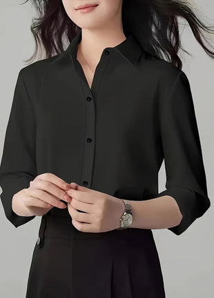 Elegant Commuter Long-Sleeve Button-Up Shirt - Pure Color Polyester Blend