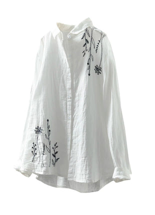 Women's Embroidered Cotton-Linen Long-Sleeve Shirt, High Collar Loose Fit Top