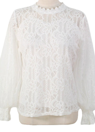 Chic Retro Lace Puff Sleeve Blouse Elegant Mesh Stand Collar Long Sleeve Top