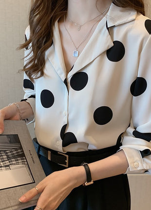 Elegant Polka Dot Shiffon Long-Sleeve Shirt for Women, Retro Spring Style