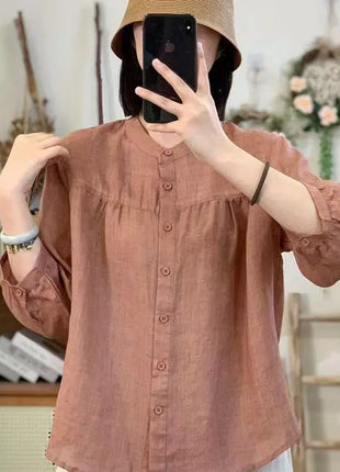 Breathable Cotton Linen Blend Seven-Sleeve Casual T-Shirt for Women